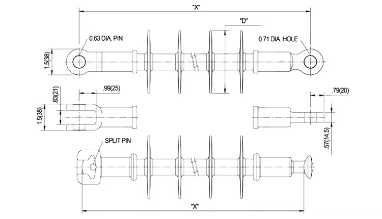 Composite Insulator Engineering Drawing, Technical Dimensions and Specifications for High Voltage Power Line Insulator, Xushenglongtai
