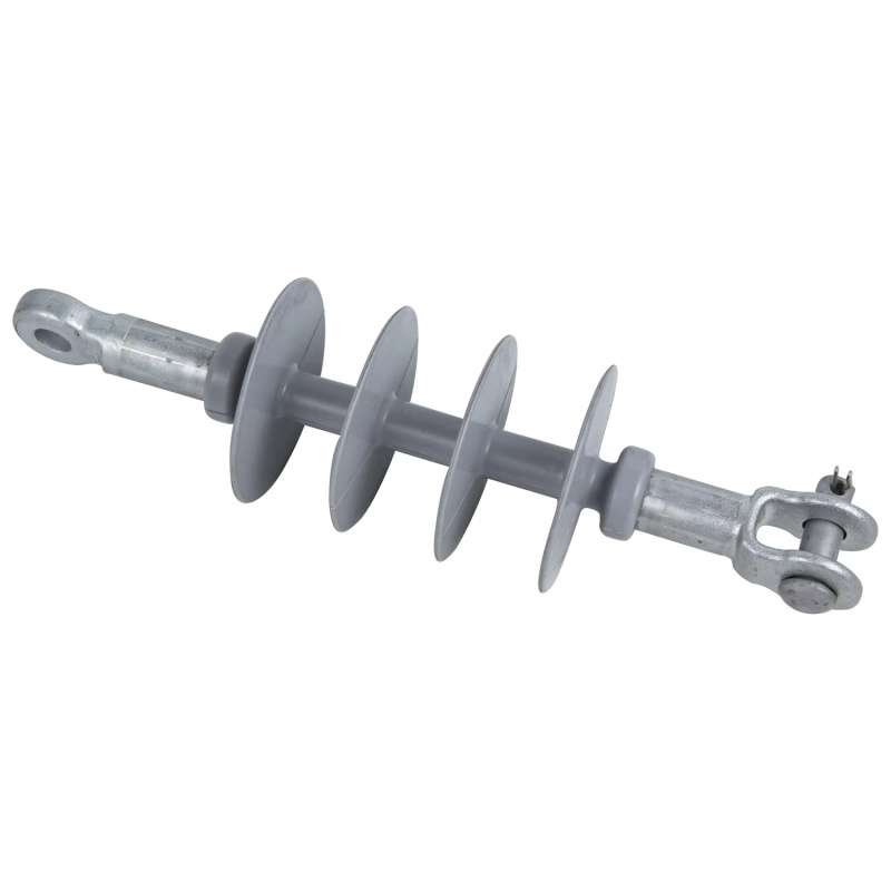 High voltage composite dead-end suspension insulator with clevis-tongue and eye-type fittings for overhead power lines