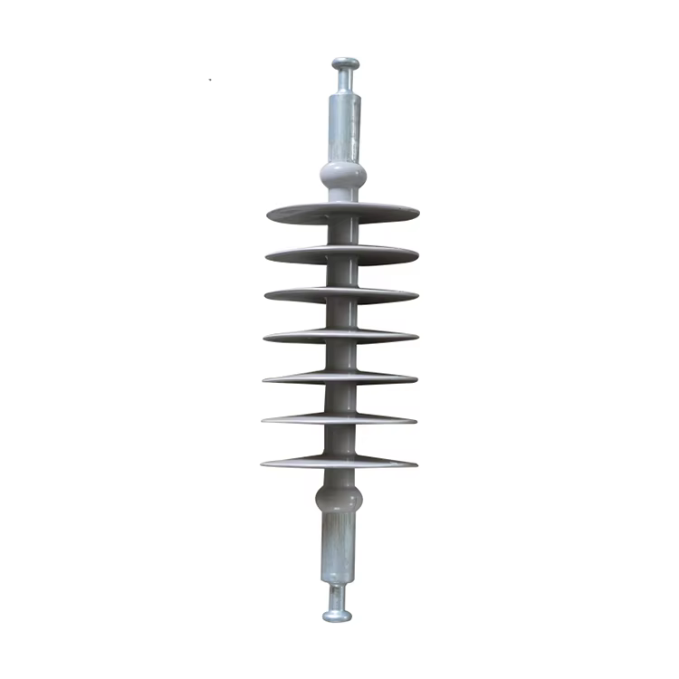 Single composite suspension insulator with ball-and-socket end fittings for overhead power transmission lines