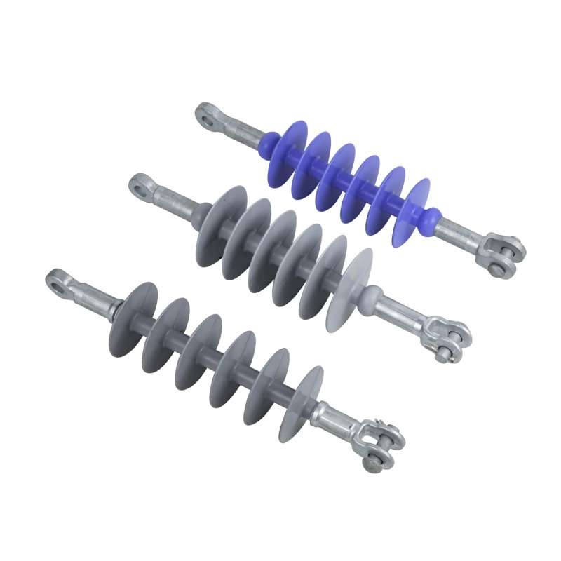 Different colors and models of high voltage composite dead-end suspension insulators with clevis-tongue fittings for overhead power lines