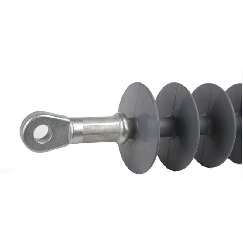 Close-up of composite dead-end suspension insulator with eye-type (loop) end fitting and silicone rubber sheds