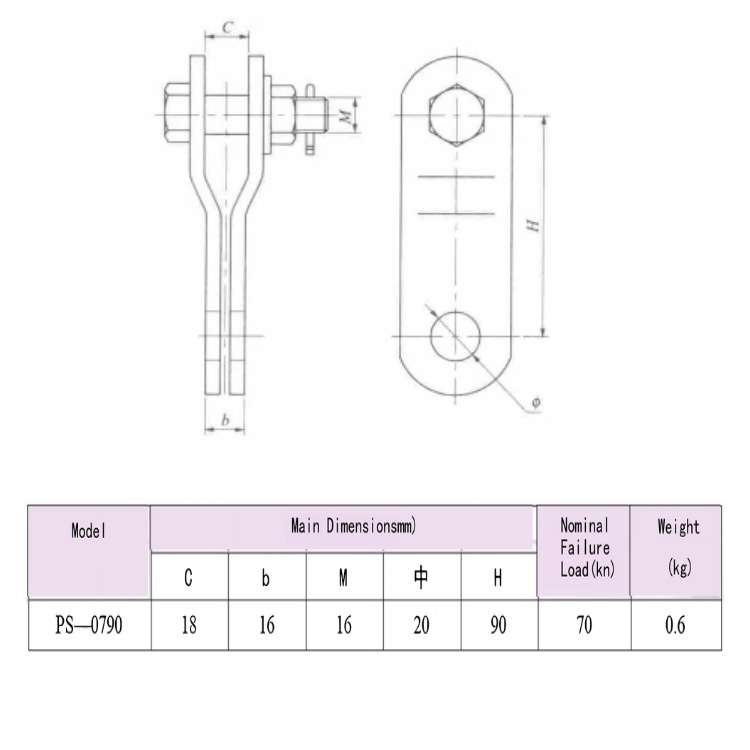 PS Type Parallel Clevis Plate Technical Drawing, Power Line Hardware Fittings for Overhead Transmission Lines, Xushenglongtai